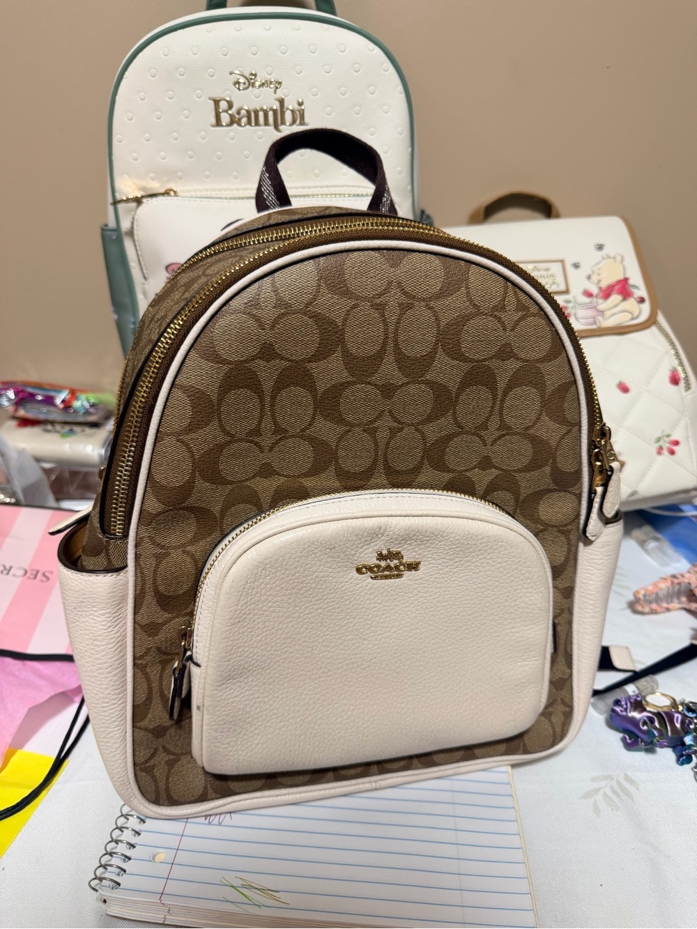 Coach Brown Signature Canvas Backpack with Chalk Trim